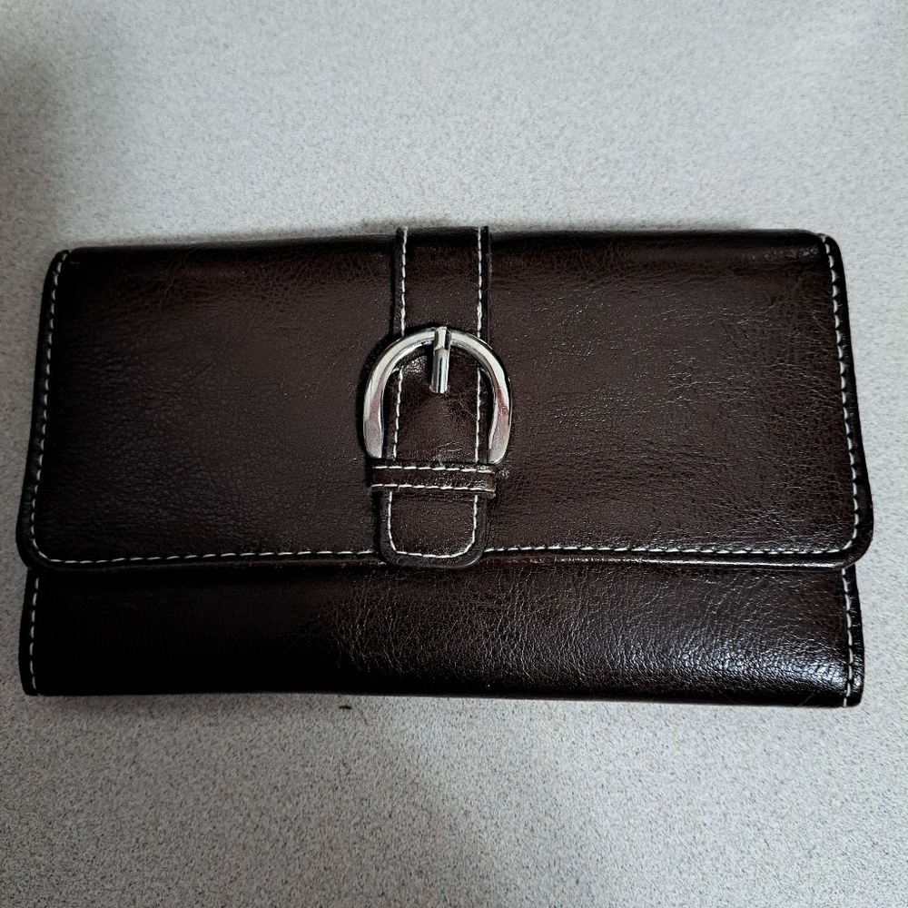 Brown Faux Leather Envelope Trifold Snap Button Wallet